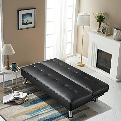 Yaheetech Modern Folding Futon Loveseat Black Faux Leather Futon