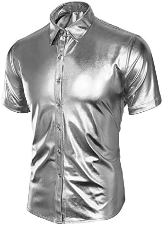Men's Nightclub Metallic Silver Button Down Short Sleeves Shirts Fashion Shinny Slim Disco Dance Tops Costume Party Clubwear