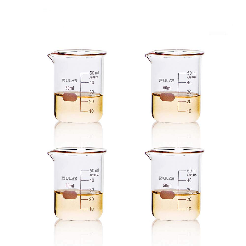 ULAB Glass Beakers Shot Glass, Vol. 50ml, 3.3 Borosilicate Griffin Low form with Printed Graduation, Pack of 4, UBG1019