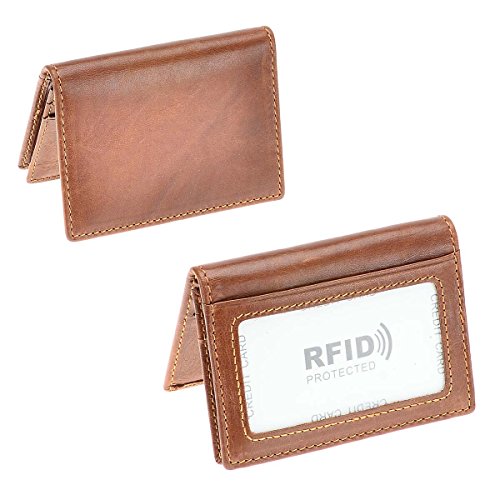 HAWEE Men's Bifold Front Pocket Wallet Genuine Leather RFID Blocking Card Billfold 5 Slots with Cash Clip, Brown