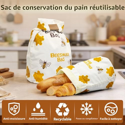 Reusable Beeswax Bread Bags 43cm x 33cm, Natural Beeswax Coated Cotton Storage Bags for Homemade Bread and Pastry with Buckle Closure (1PCS)