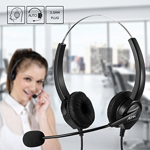 Ailink Binaural Corded Headset, Noise Cancelling Mic Cord with Dual 3.5mm Audio Plug, Hands-free