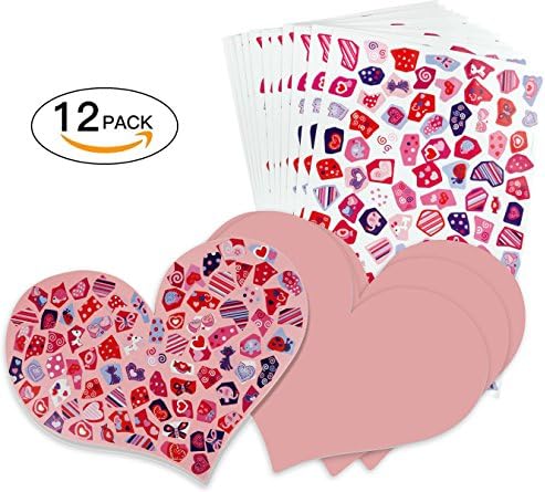 Valentine's Day Giant DIY Heart Shaped Cardboard with All Kind of Super Cute Stickers, Design Your Own Pattern, Your Child Will Simply Love It, Great Brain Exercise for Your Kids, 12 Sets Total.