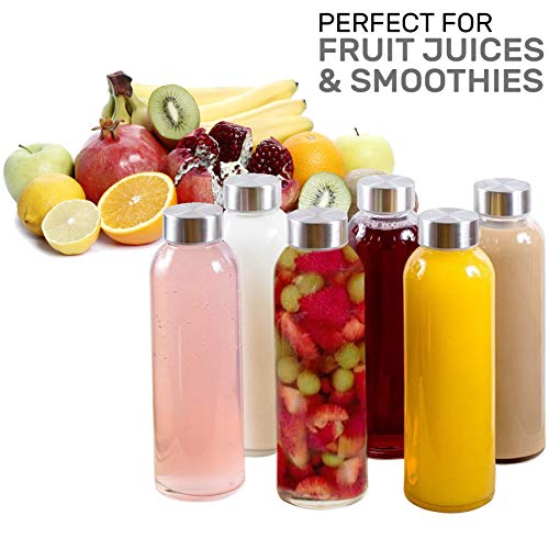 Brieftons Glass Water Bottles: 6 Pack, 18 Oz, Stainless Steel Leak Proof Lid, Premium Soda Lime, Best As Reusable Drinking Bottle, Sauce Jar, Juice Beverage Container, Kefir Kit - With Cleaning Brush