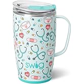 Swig Life 18oz Travel Mug, Insulated Tumbler with Handle and Lid, Cup Holder Friendly, Dishwasher Safe, Stainless Steel, Travel Coffee Cup, Nurse Gifts for Women (Scrub Life)
