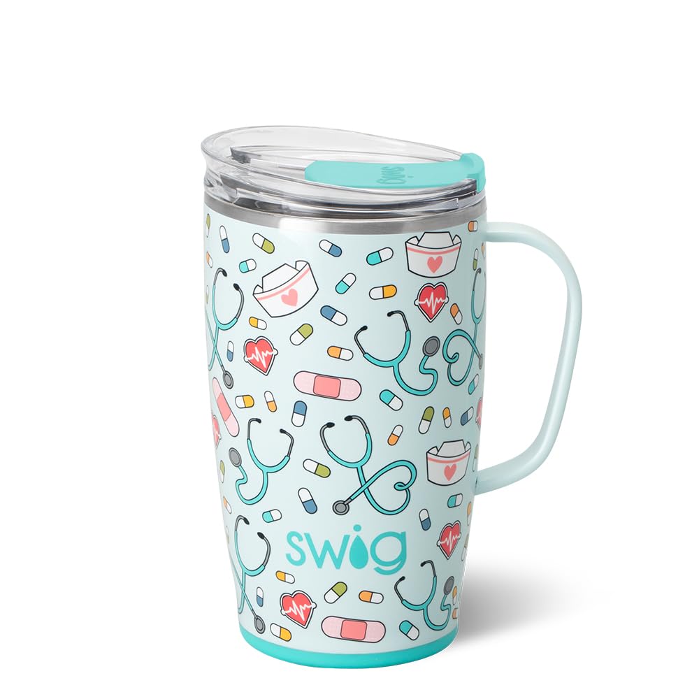Swig Life 18oz Travel Mug, Insulated Tumbler with Handle and Lid, Cup Holder Friendly, Dishwasher Safe, Stainless Steel, Travel Coffee Cup, Nurse Gifts for Women (Scrub Life) Image