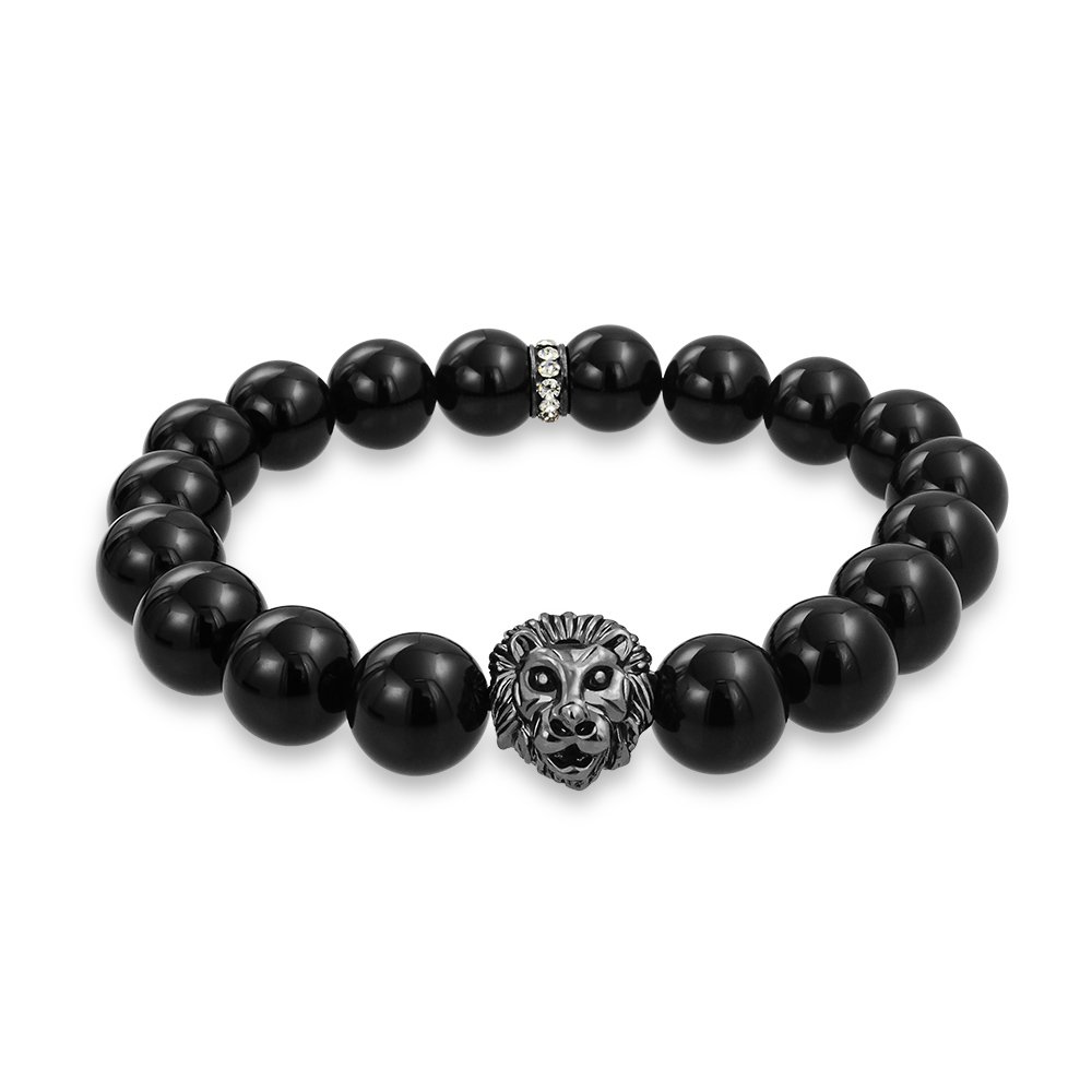 Bling Jewelry Unisex Jungle Animal Gunmetal Black Onyx Round Bead Strand Stretch Lion Head Bracelet For Women Men Plated Brass Stackable Adjustable