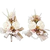 MAFELOE Wrist Corsage and Boutonniere Set Artificial Flowers Accessories for Groom Bride Groomsmen Bridesmaids Wedding Party Prom Suit - Creamy+Brown+Pink 2 Pieces