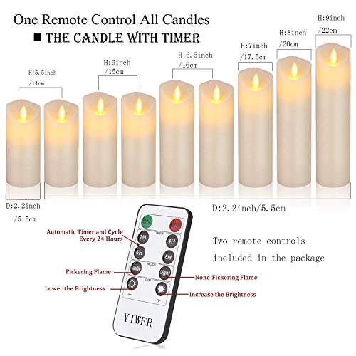 YIWER Flameless Candles, Φ 2.2"x H 5.5''/6"/6.5"/7''/8''/9''Set of 9 Real Wax Not Plastic Pillars, 10-Key Remote Control with 2/4/6/8-hours Timer Function, 300+ Hours (9, Ivory) - Thumbnail 3