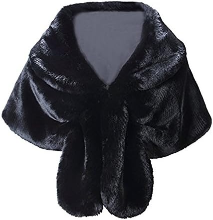 Faux Fur Shawl, Faux Fur Wrap Stole Shrug Pashmina Winter Bridal Wedding Cover Up (Black)