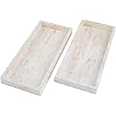PEMAR Set of 2 Mother of Pearl Vanity Tray for Bathroom Counter, 11" Wooden Organisation Valet Tray for Perfume Makeup Bedroom Dresser Kitchen Sink Countertop Organizer, Toilet Tank (White Tiles)