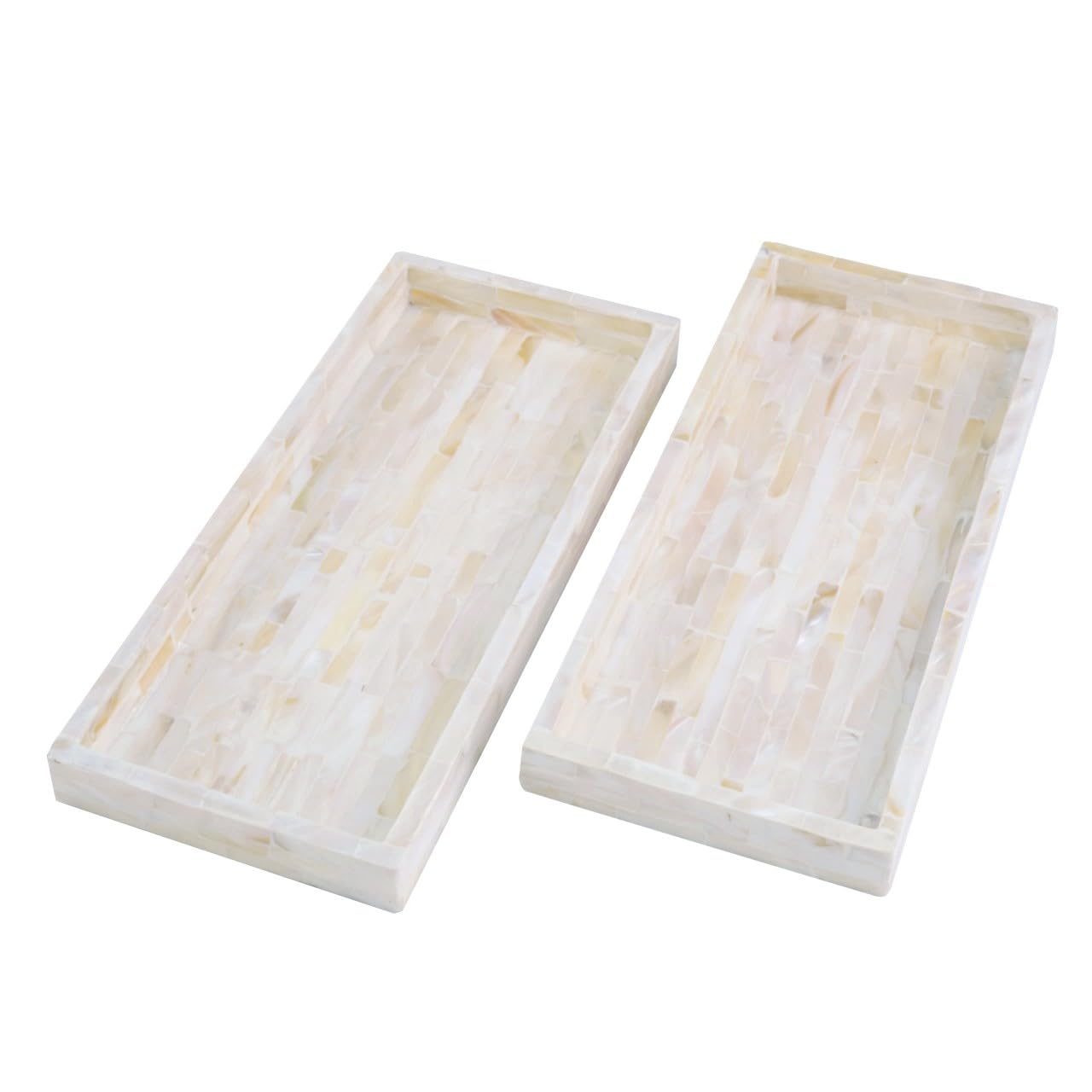 Photo 1 of PEMAR Set of 2 Mother of Pearl Vanity Tray for Bathroom Counter, 11" Wooden Organisation Valet Tray for Perfume Makeup Bedroom Dresser Kitchen Sink Countertop Organizer, Toilet Tank (White Tiles)