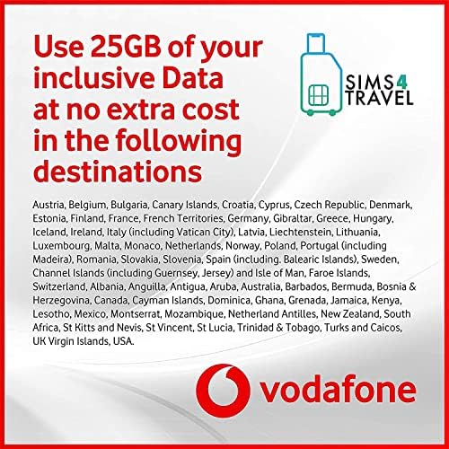 $49 Sims4Travel Data Prepaid Vodafone Data Plan. 25GB of 4G/5G Data for use in 70+ Countries Worldwide (Valid for 30 Days). Easy to Renew. (3-in-1 SIM Card). Incudes the Carribbean, Mexico and Europe.