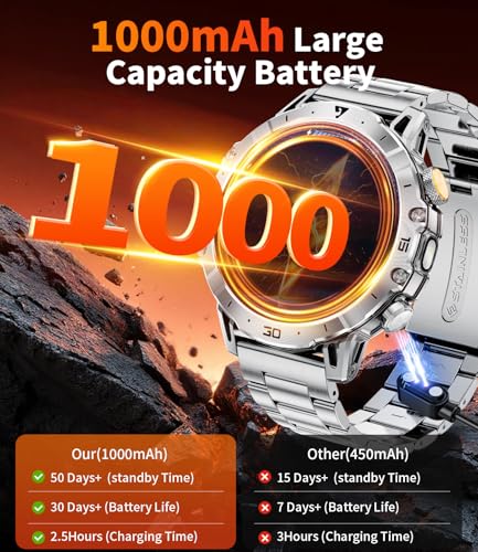 1000 mAh Battery Smart Watch Men, 1.7 Inch Smartwatch Men with Bluetooth Calls, Military LED Flashlight, 100+ Sports Modes, Heart Rate Monitor, Sleep Monitor, IP68 Fitness Watch for Android iOS