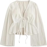 GORGLITTER Women's Tie Front Peplum Tops Blouse Dressy Casual Bow Long Sleeve Deep V Neck Shirts Crop Top Trendy 2025