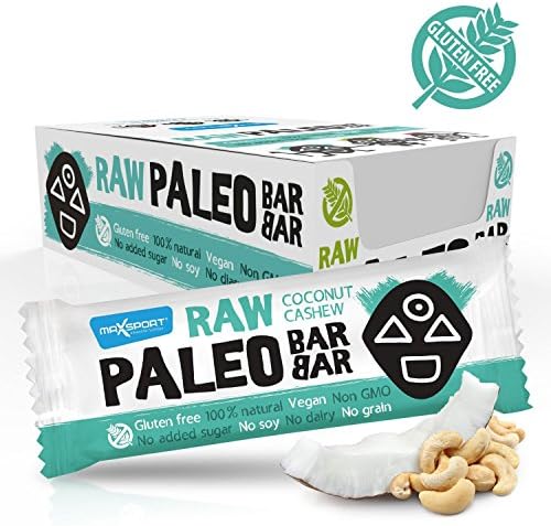 Maxsport Nutrition Raw Paleo Gluten free Bars - Vegan, No added sugar, Free from Gluten, Soy, Dairy, non GMO, Pack pf 20 - Coconut Cashew