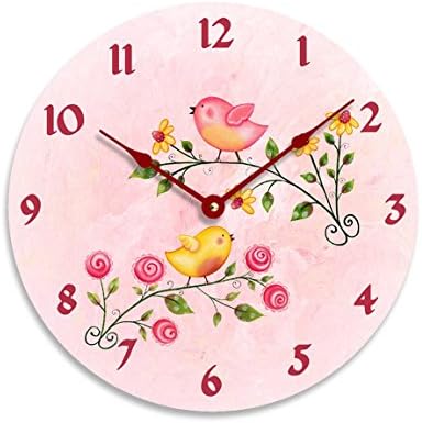 Girls wall clock. Watercolor birds on branches on a pink background. 10 inch wall clock.