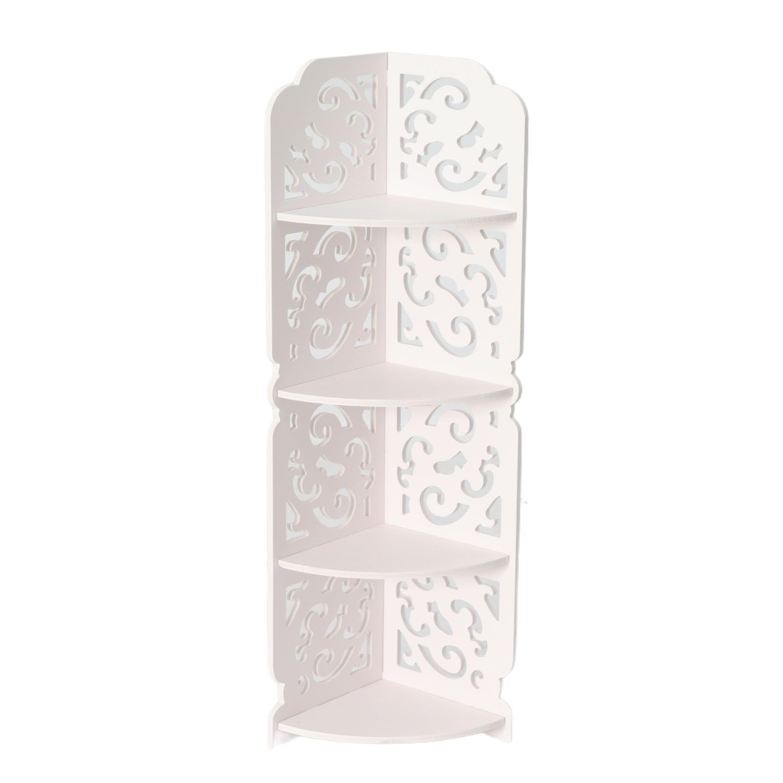 4 Tier Standing Corner Shelf – Stylish Wood Plastic Hollow Carved Design for Living Room, Bathroom, or Kitchen, Perfect for Maximizing Space in Tight Corners (White)