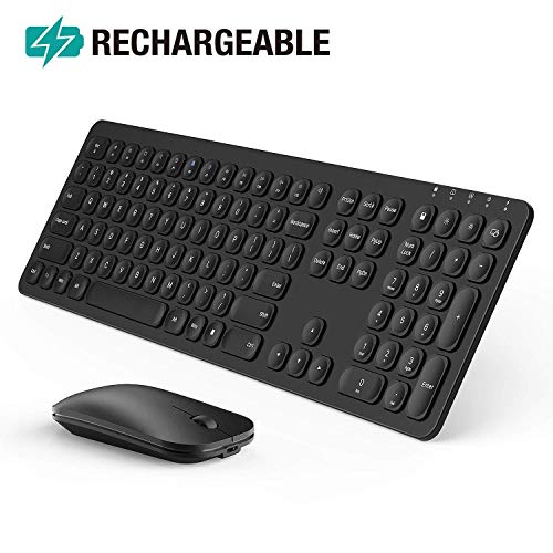 Rechargeable Wireless Keyboard Mouse, Jelly Comb KS037 Ergonomic Ultra Slim Full Size Metal Wireless Keyboard and Mouse Combo Set for Windows, Computer, Desktop, PC, Notebook, Laptop (Black)