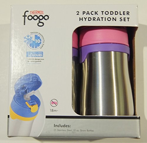 Thermos Foogo Stainless Steel 10 oz Toddler Hydration Set Straw Bottles, Pink Lids (Pack of 2)