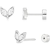 Threadless Flat Back Earrings, Hypoallergenic 14K Real Gold Plated CZ Leaf Stud Earrings | Cartilage Earring | Tragus Helix Piercing Jewelry | Push in Flatback Earrings for Women