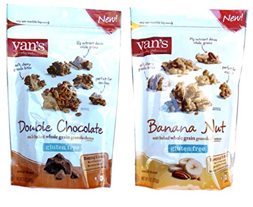 Van's Gluten Free Granola Clusters 2 Flavor Variety Bundle: (1) Double Chocolate, and (1) Banana Nut, 11 Oz. Ea. (2 Bags)