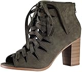 Soda Women's Hewitt Lace Up Peep Toe Zip Back Stacked Heel Boot