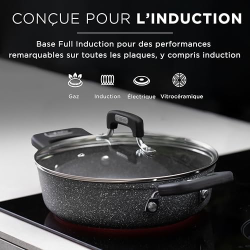 Batterie de casseroles New Petra Dark, casseroles et poêles pour induction et four jusqu'à 180°C, antiadhésives avec manique et cuillère en acier (7 pièces)