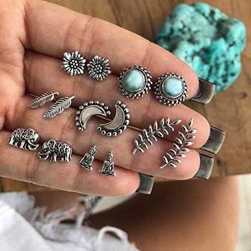 Opeof Earrings 7Pairs Earrings Set Women Boho Elephant Flower Feather Buddha Ear Stud Jewelry - Antique Silver