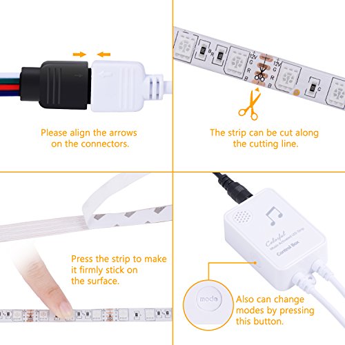 LED Strip Lights, 16.4ft/5m Sync to Music Color Changing Light Strip Kit with Remote Control for Home, Bedroom, TV, Ceiling Decoration, Bright 5050 LEDs, Cutting and Waterproof Design DC 12V
