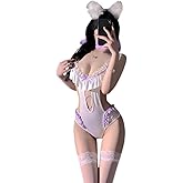 SENJIY sexy One Piece bodysuit for women lingerie dress Cosplay costume Cute neck bow outfit Backless Cutout Lace Ruffle Sleepwear Anime Roleplay adjustable Strappy Jumpsuit Babydoll Set Purple