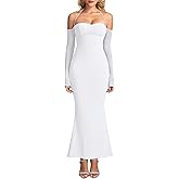 Elegant Off Shoulder Bodycon Maxi Dress Long Sleeve Mesh Formal Dress for Women Wedding Guest Party Club Evening Gowns