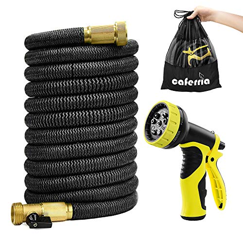 Caferria Garden Hose Expandable Water Hose 75ft Lightweight 3/4" Solid Brass Fittings Extra Strength Fabric Triple Latex Core Flexible Hose with 9 Mode Spray Nozzle for Lawn Plants Car Washing (Black)