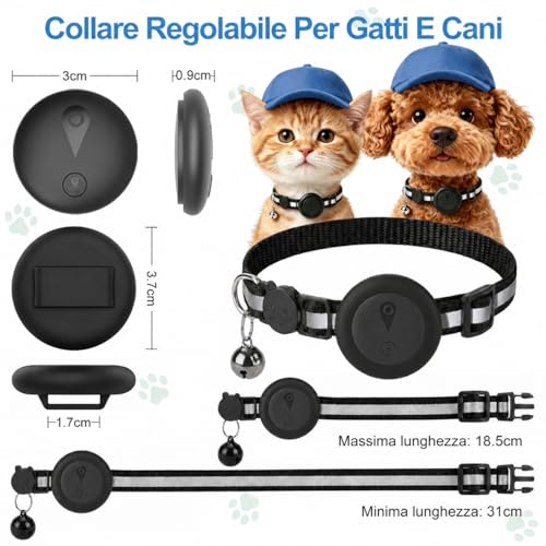 Collare GPS Gatto 2 in 1,Collare GPS per Cani Riflettente,Tracker per Cani Senza Abbonamento,Compatibile con iOS/Android,Collare Regolabile con Campanellino,Adatto a Cane di Piccola Taglia/Gatti-Nero