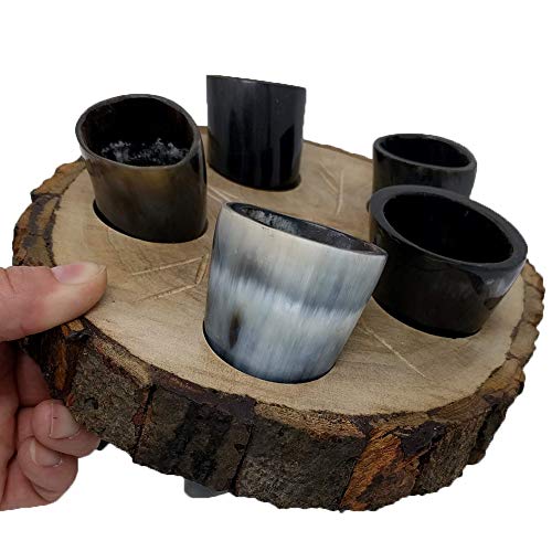 Alehorn Handcrafted Genuine Viking Wine/Mead Drinking Horn 50 ML Toasting Horn Shot Glasses Set of 5 w/Rustic Custom Wooden Holder Tray Rack Display Stand Decor