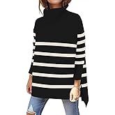 OU MgCE FAST FASHION Women's Turtleneck Oversized Sweaters Long Sleeve Split Hem Striped Knit Pullover Tops