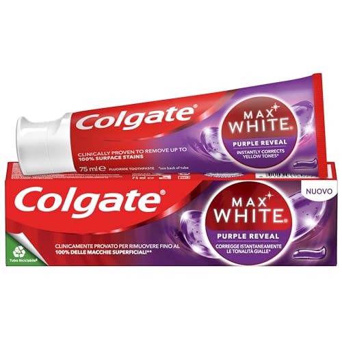 Max White Purple Reveal Zahnpasta, Packung mit 12 x 75 ml, Zahnaufhellung mit optischer Farbkorrektur-Technologie, korrigiert sofort Gelbtöne