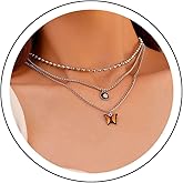 Andelaisi Boho Layered Butterfly Pendant Necklace Black Healing Stone Necklace Chain Vintage Butterfly Choker Necklace Silver Eye Ball Necklace Jewelry for Women