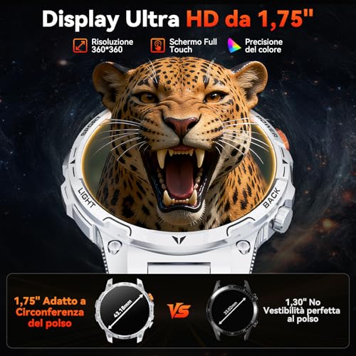 Orologio Uomo Militare, 1000 mAh Batteria Smartwatch, Due Cinturini, Schermo HD 1,75", Torcia LED, 100＋ Modalità Sportive, Monitoraggio della Salute, Chiamate Bluetooth per iOS Android (Argento)