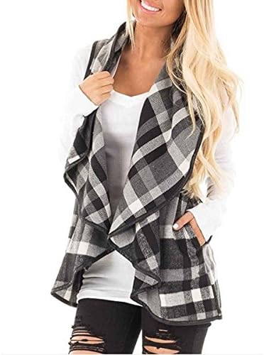 Womens Lapel Open Front Sleeveless Plaid Vest Cardigan with Pockets S-XXL
