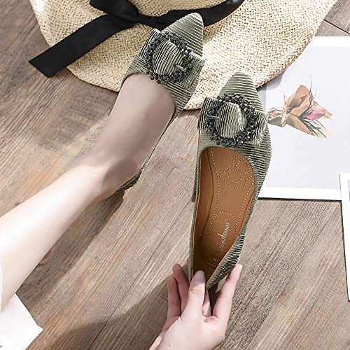 Meeshine Women's Pointy Toe Ballet Flats Comfortable Slip-on Classic Dress Shoes (Classic Buckle-Green US 9)