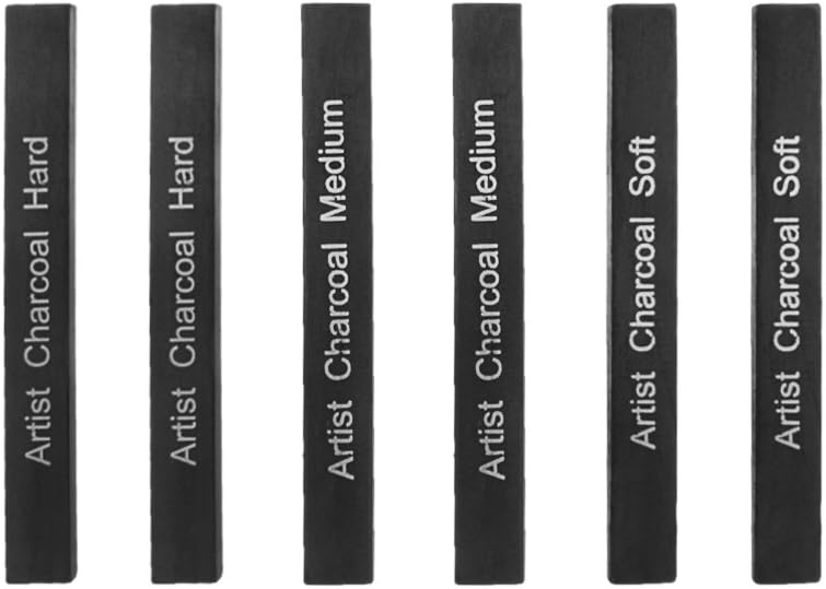 Artist Compressed Charcoal Sticks for Sketching, Drawing, Shading, Soft, Medium, Hard, Art Supplies Sketch Kits Tools, 6-Piece Boxed