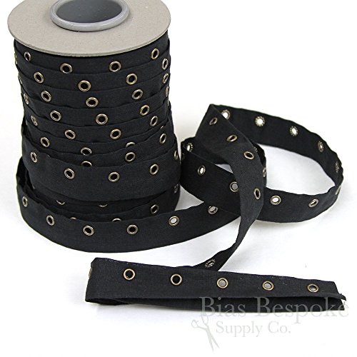 100% Cotton Eyelet Tape, Black with Antique Brass Eyelets, Made in Italy, Sold by The Yard