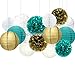 Sopeace 15 pcs White Teal Blue Gold 10inch 8inch Tissue Paper Pom Pom Paper Lanterns Mixed Package for Teal Themed Party Wedding, Bridal Shower Decor Teal Blue Baby Shower Teal Wedding Decoration