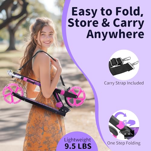 BELEEV Big Wheel Scooter with LED Luminous Steering Column, Deck, Height Adjustable, ABEC-9, 200 mm Wheels, Suspension, Carry Strap, Foldable City Scooter Children from 6 Years, Teenagers, Adults