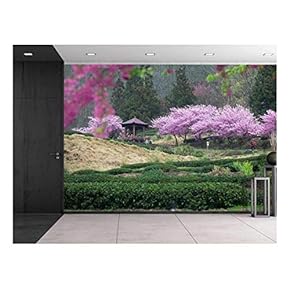 Serene Japanese Garden with Cherry Blossom Trees and a Kiosk - Wall Mural, Removable Sticker, Home Decor - 66x96 inches