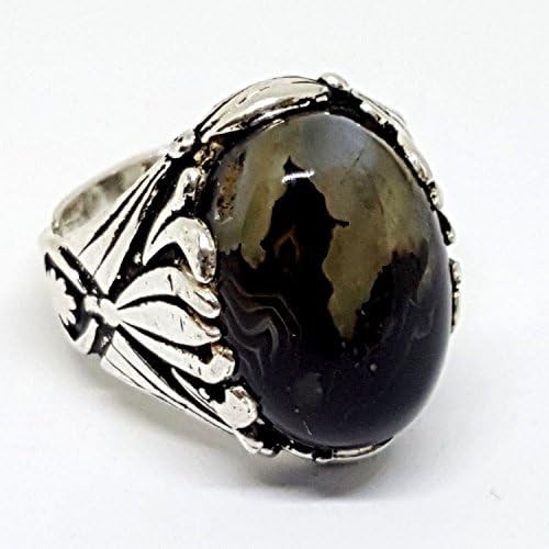 real handmade 925 sterling silver men ring natural black agate aqeeq akik stone