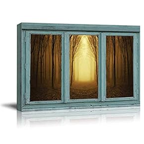 Vintage Teal Window Looking Out Into a Bright Yellow Light and Sepia Forest - Canvas Art Home Art - 24x36 inches