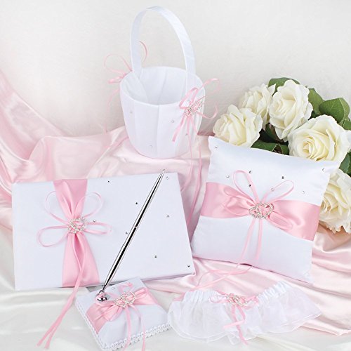 Wedding Flower Girl Basket and Ring Bearer Pillow Set, Pink Satin, Ring Pillow + Flower Girl Basket + Wedding Guest Book +Pen Set + Garter Cover