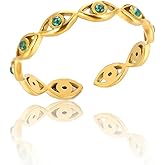 14K Gold Plated Evil Eye Rings for Women Open Adjustable Green Rhinestone Evil Eye Stacking Rings
